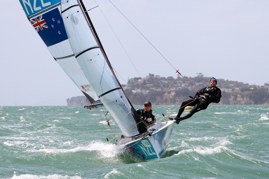 SKUD18 in 30kts and white water - Day 4, Oceanbridge Sail Auckland 2013 © Richard Gladwell www.photosport.co.nz